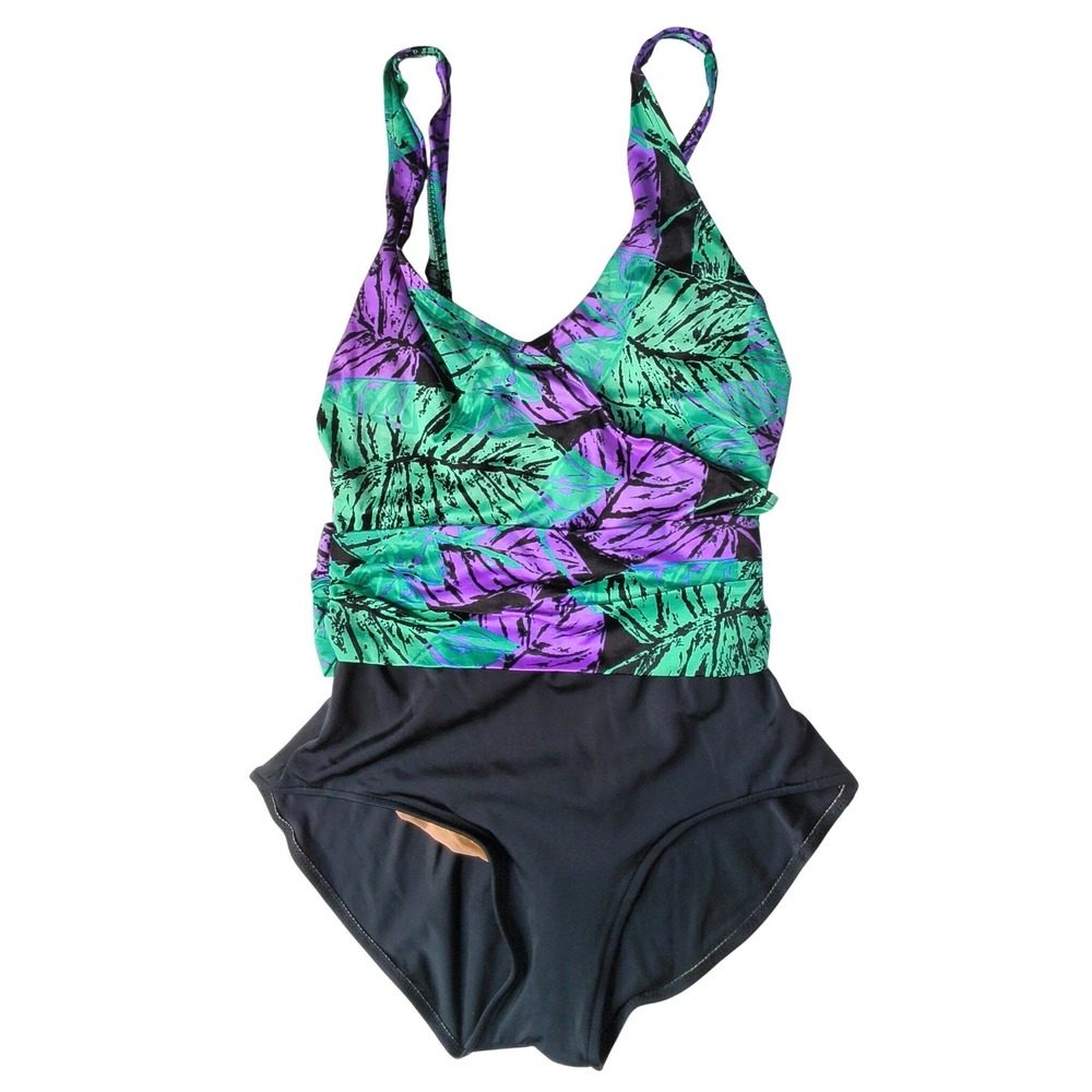 Catalina One Piece‎ Swimsuit Womens 14 Black Green Purple Vintage Leaf